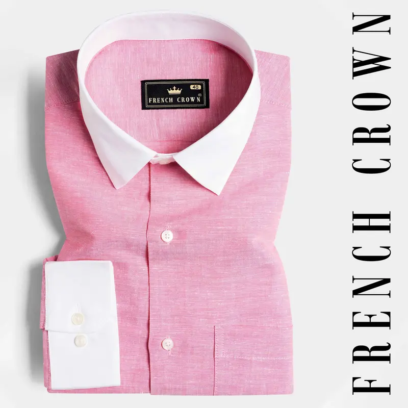 Flamingo Pink With White Cuffs And Collar Luxurious Linen Shirt 1