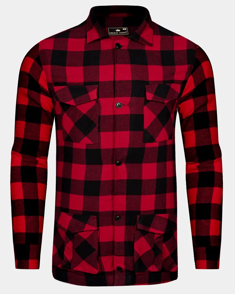 Flanvoro-Cornell Red And Jade Black Plaid Flannel Designer Overhirt/Shacket 1
