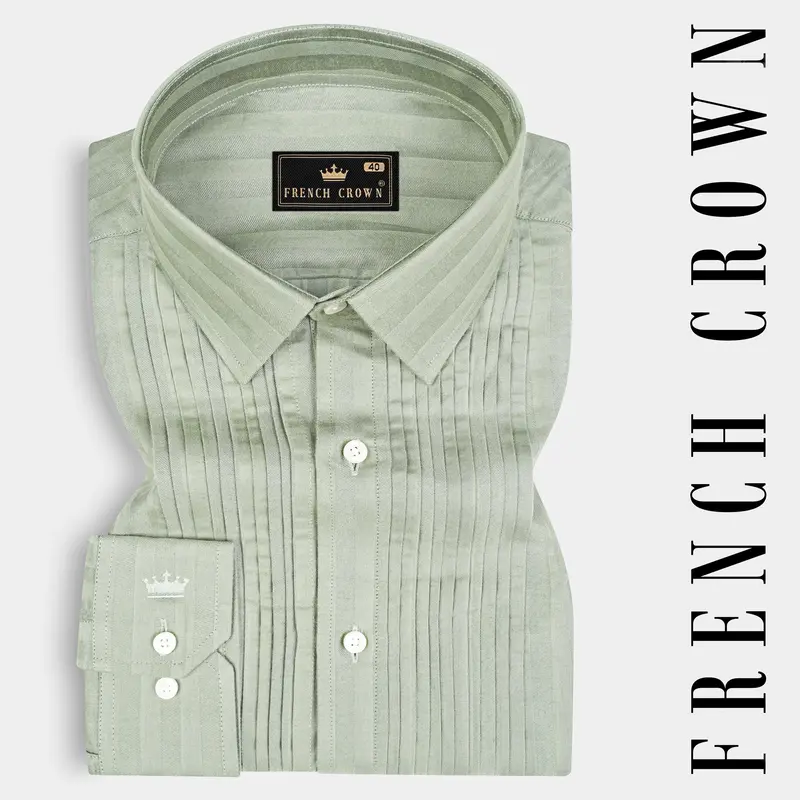 Flax Smoke Snake Pleated Striped Dobby Textured Premium Giza Cotton Tuxedo Shirt 1
