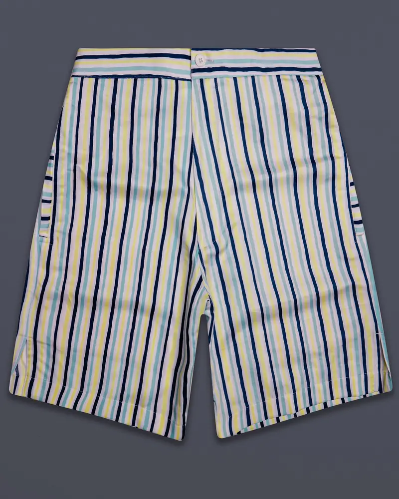 Flicker-Nepal Blue And Laser Yellow Multicolour Striped Super Soft Premium Cotton Shorts 1