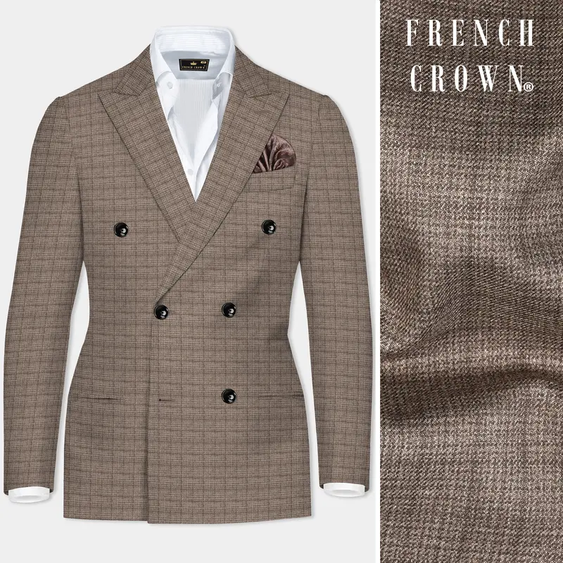 Flint Brown Plaid Wool Rich Double Breasted Blazer 1