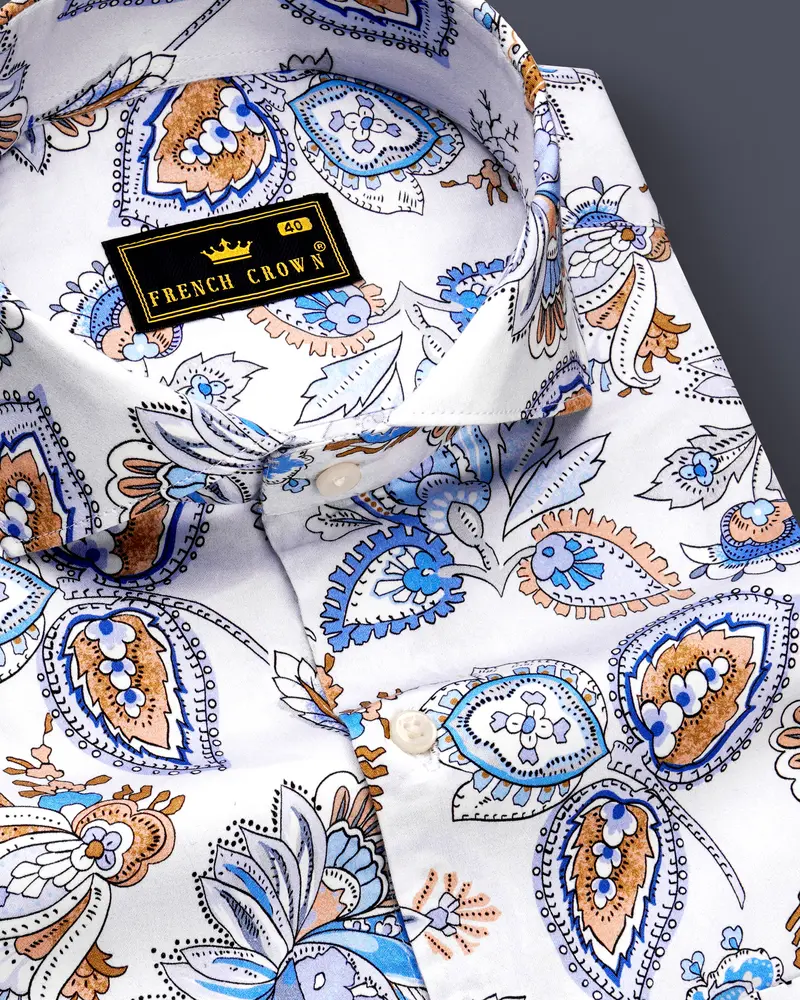 Florenzor-Bright White And Celestial Blue Paisley Printed Subtle Sheen Super Soft Premium Cotton Casual Shirt 1