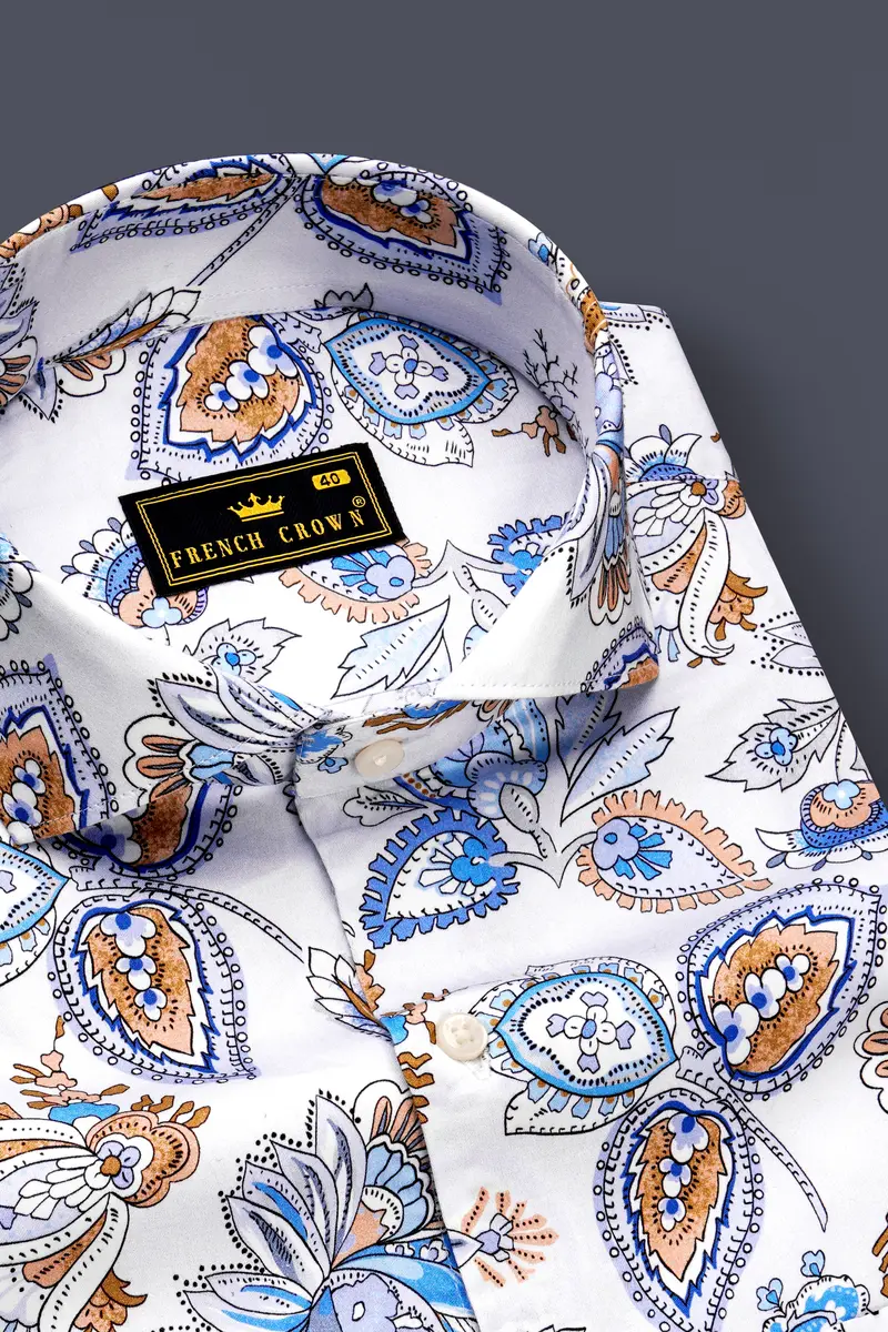 Florenzor-Bright White And Celestial Blue Paisley Printed Subtle Sheen Super Soft Premium Cotton Casual Shirt 2