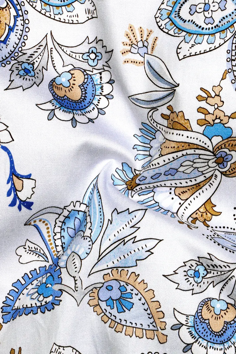 Florenzor-Bright White And Celestial Blue Paisley Printed Subtle Sheen Super Soft Premium Cotton Casual Shirt 3