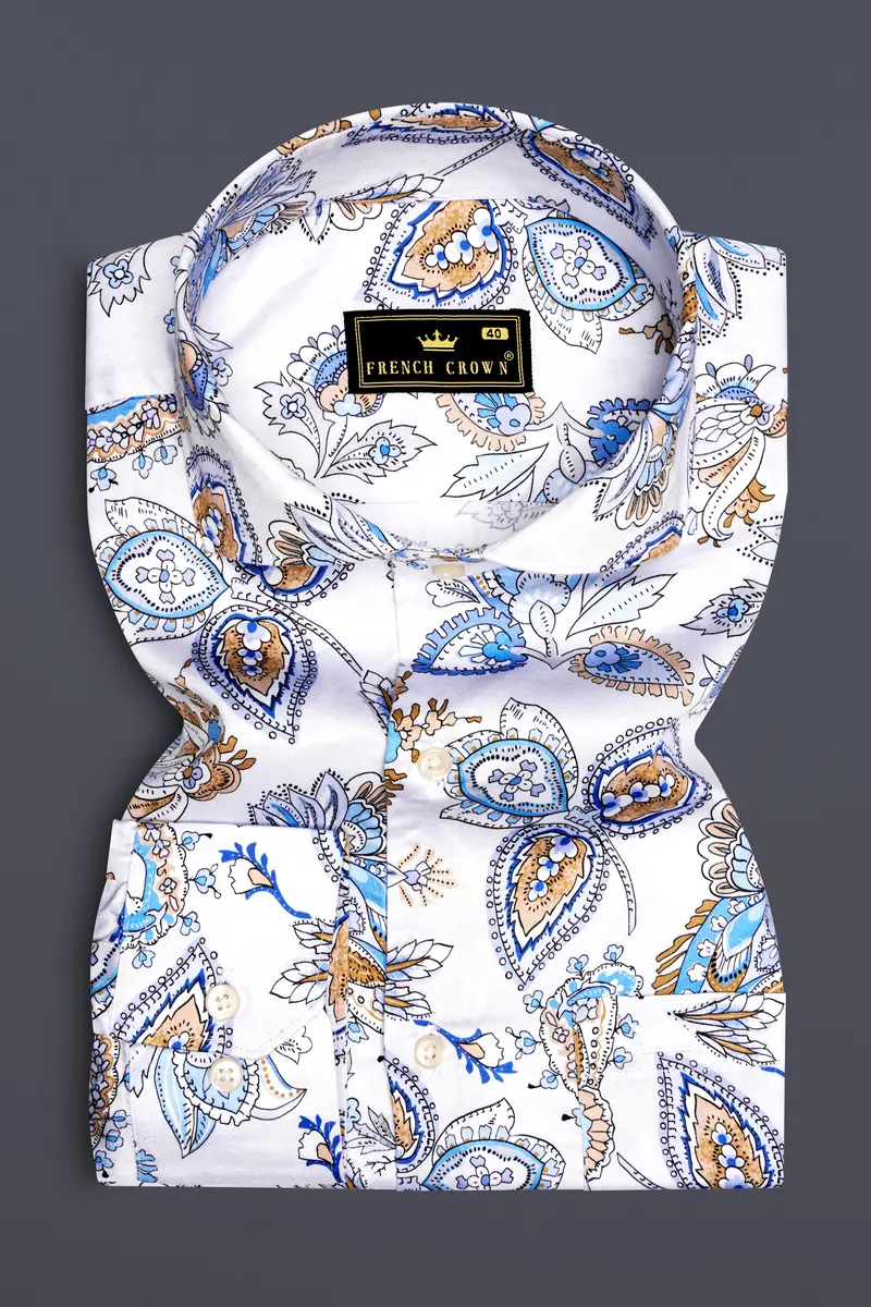 Florenzor-Bright White And Celestial Blue Paisley Printed Subtle Sheen Super Soft Premium Cotton Casual Shirt 4