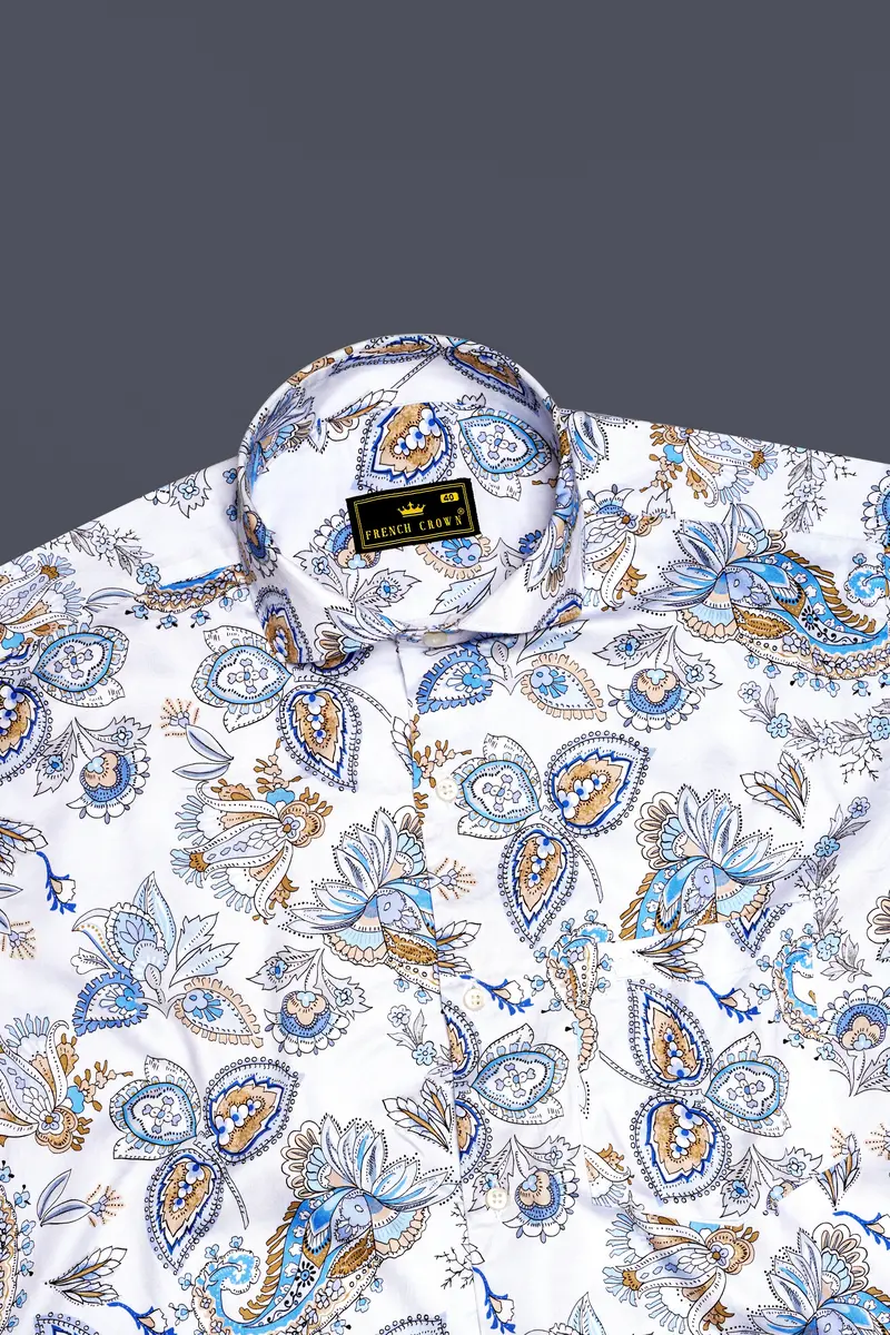 Florenzor-Bright White And Celestial Blue Paisley Printed Subtle Sheen Super Soft Premium Cotton Casual Shirt 5