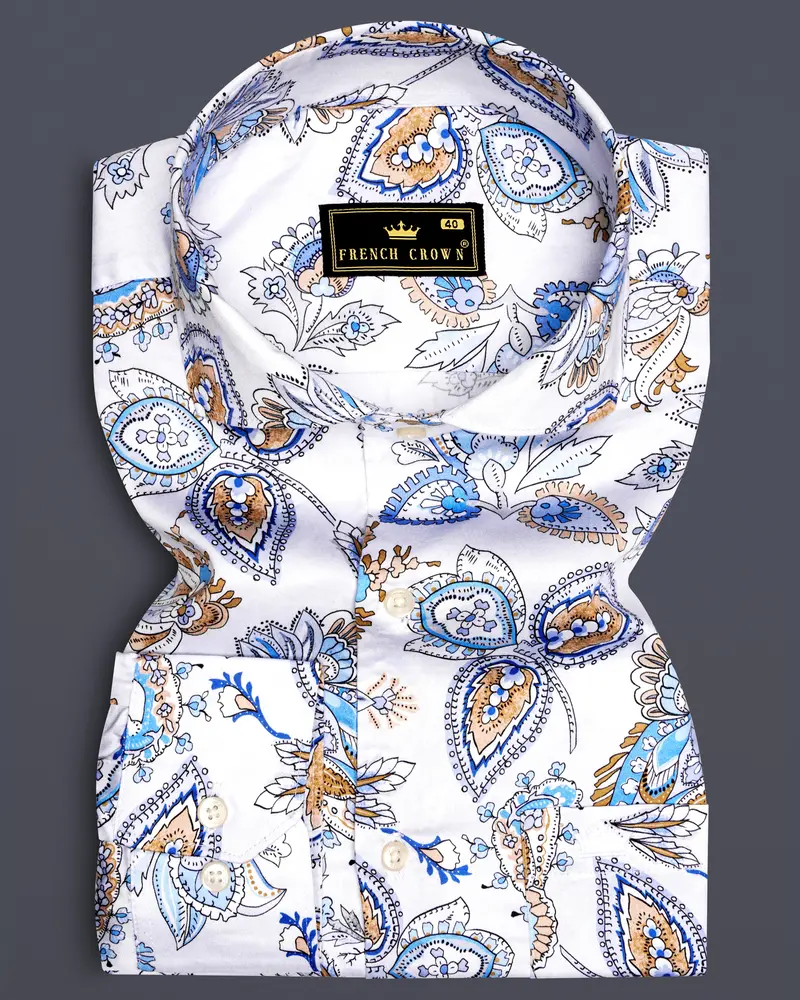 Florenzor-Bright White And Celestial Blue Paisley Printed Subtle Sheen Super Soft Premium Cotton Casual Shirt 6