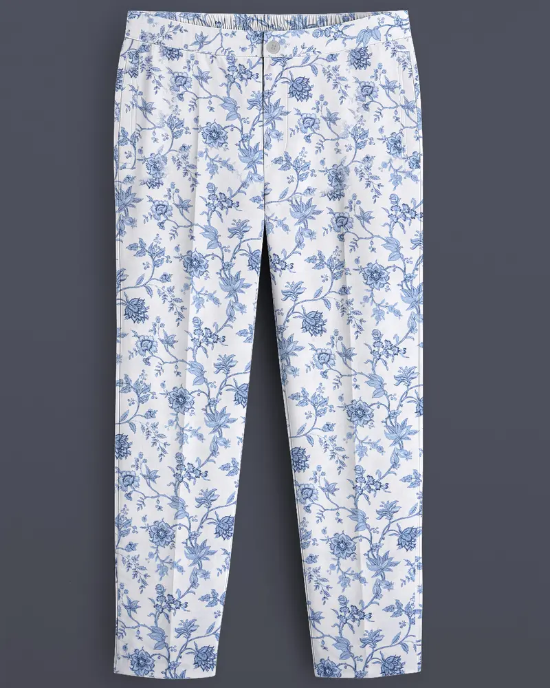 Florique-Bright White And Pastel Blue Floral Printed Subtle Sheen Super Soft Premium Cotton Lounge Pant 1