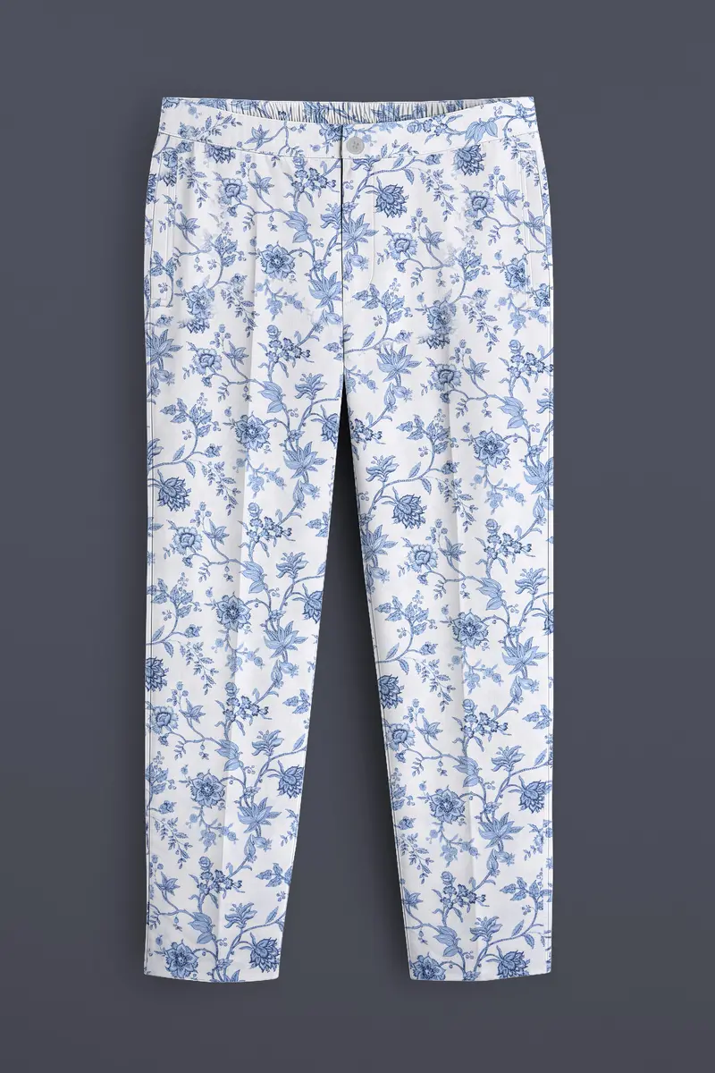 Florique-Bright White And Pastel Blue Floral Printed Subtle Sheen Super Soft Premium Cotton Lounge Pant 2