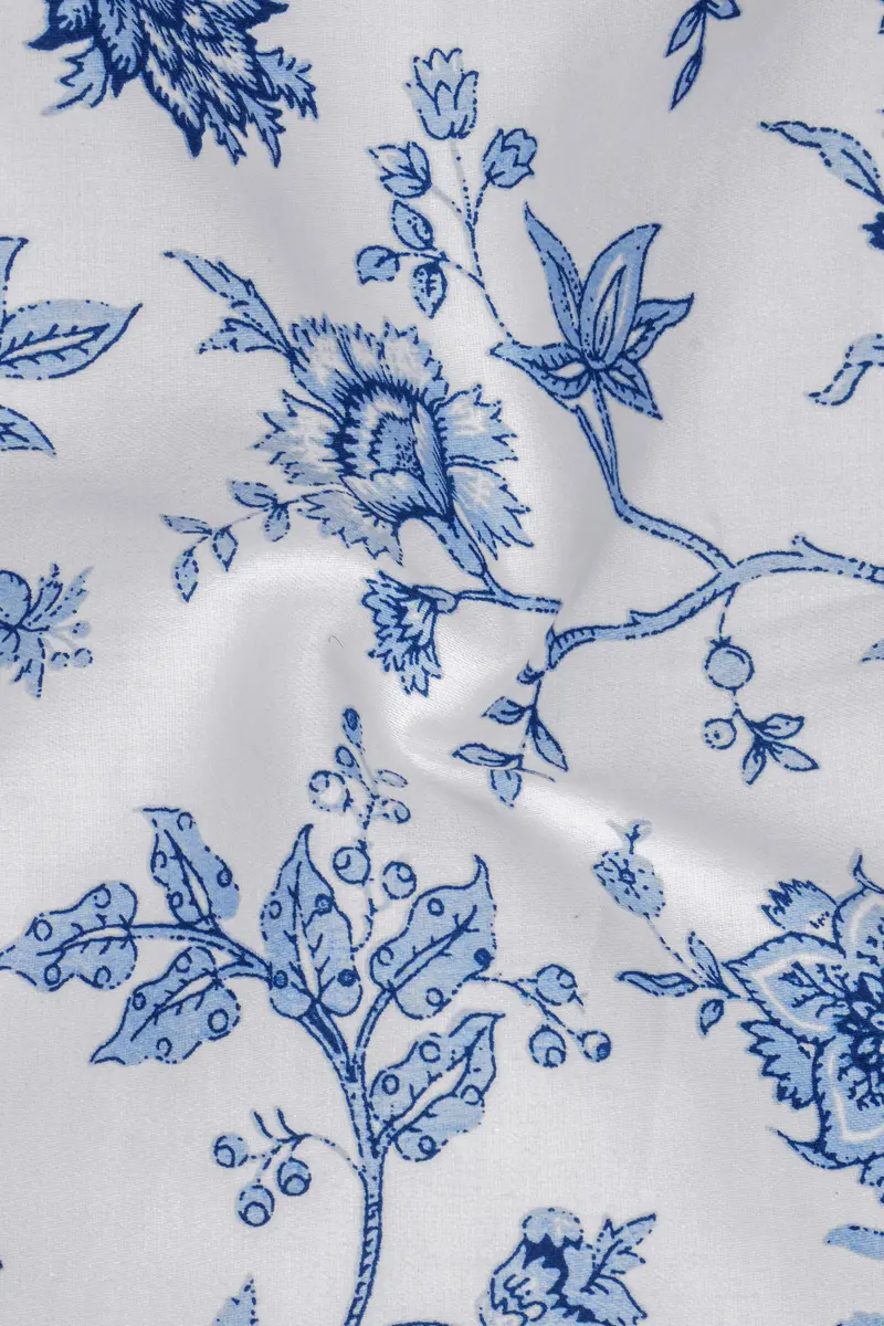 Florique-Bright White And Pastel Blue Floral Printed Subtle Sheen Super Soft Premium Cotton Lounge Pant 3