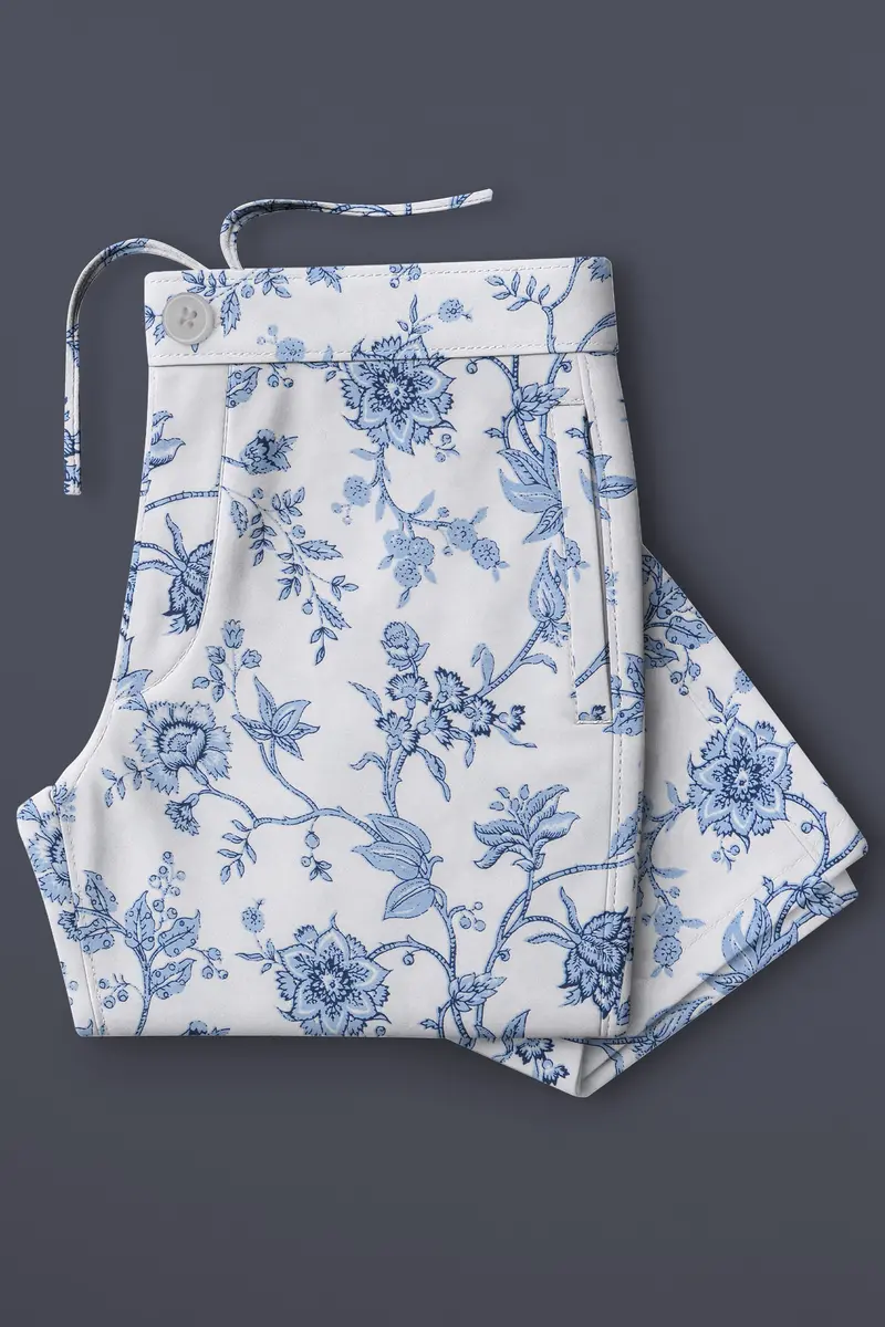 Florique-Bright White And Pastel Blue Floral Printed Subtle Sheen Super Soft Premium Cotton Lounge Pant 4