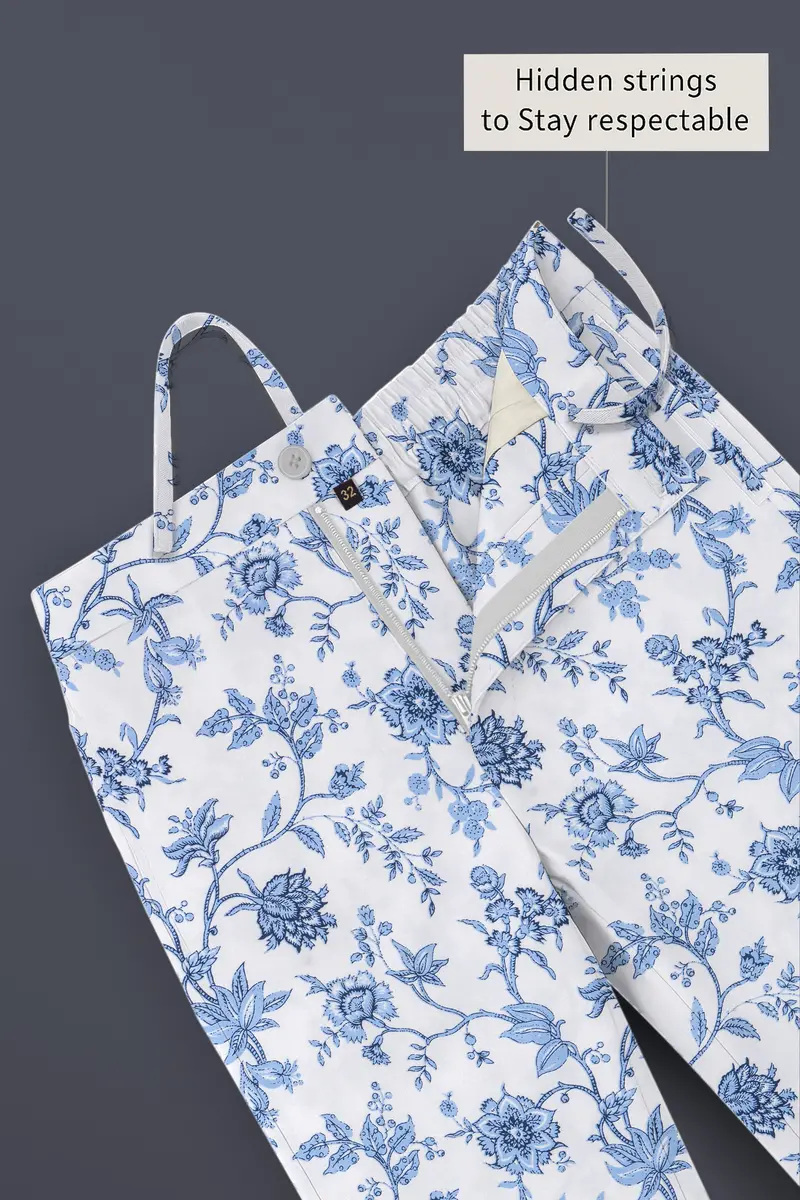 Florique-Bright White And Pastel Blue Floral Printed Subtle Sheen Super Soft Premium Cotton Lounge Pant 5