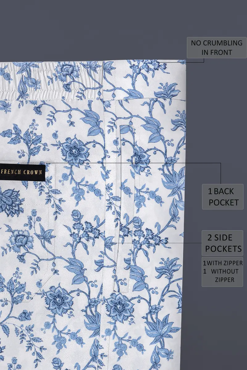 Florique-Bright White And Pastel Blue Floral Printed Subtle Sheen Super Soft Premium Cotton Lounge Pant 6