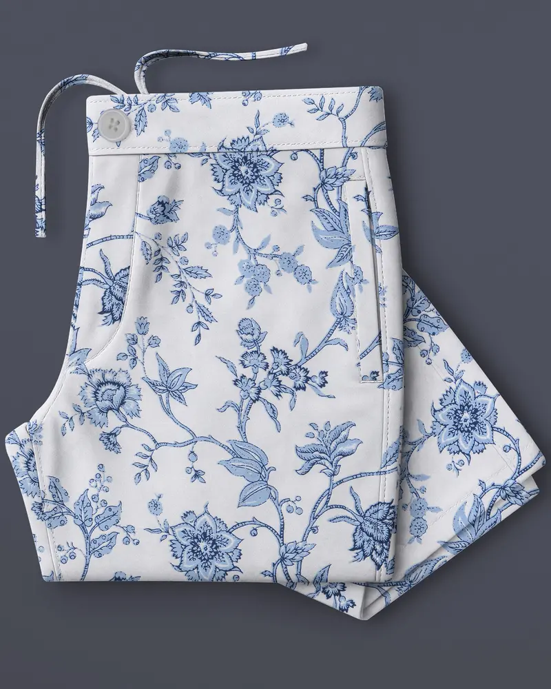 Florique-Bright White And Pastel Blue Floral Printed Subtle Sheen Super Soft Premium Cotton Lounge Pant 7