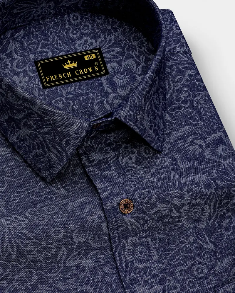 Florique-Charade Denim Blue Floral Printed Super Soft Premium Cotton Casual Shirt 1