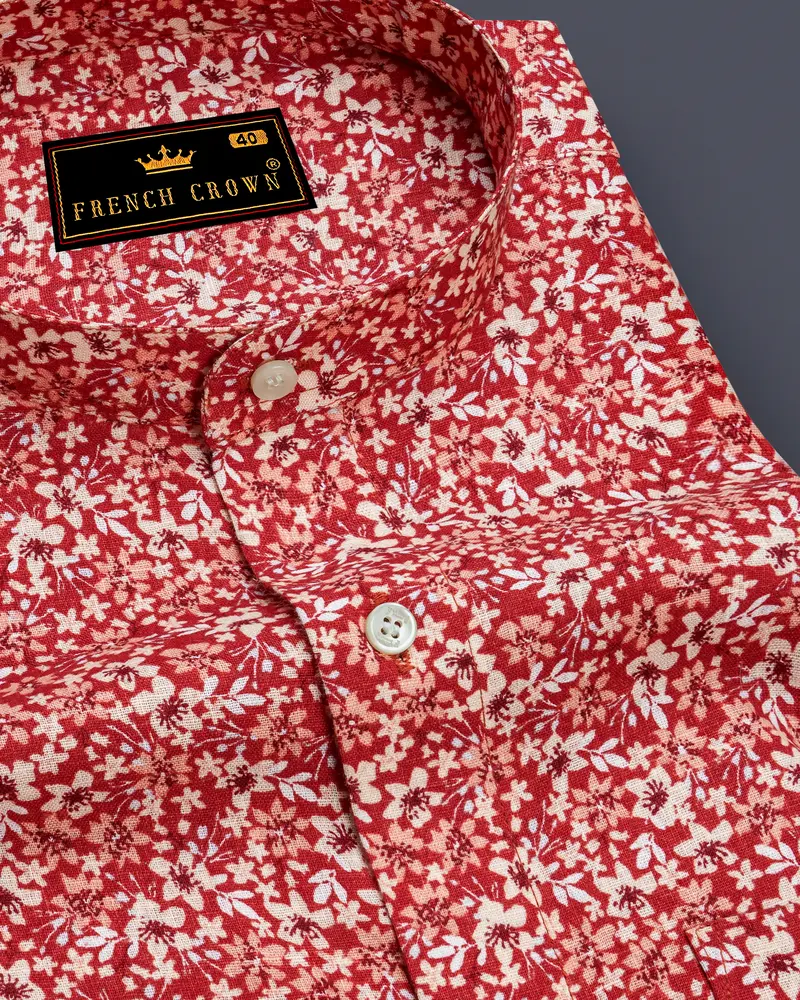 Flush Mahogany Red Ditzy Printed Luxurious Linen Shirt 1