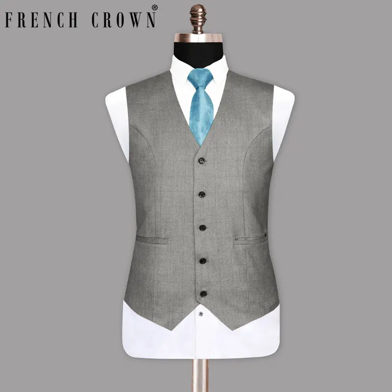 Fog Grey Textured Wool-Silk Blend Waistcoat 1