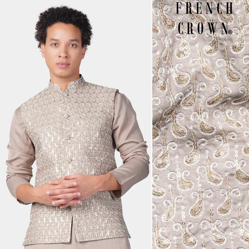 Foggy Brown Paisley Pattern Thread And Sequin Embroidered Designer Viscose Nehru Jacket 1