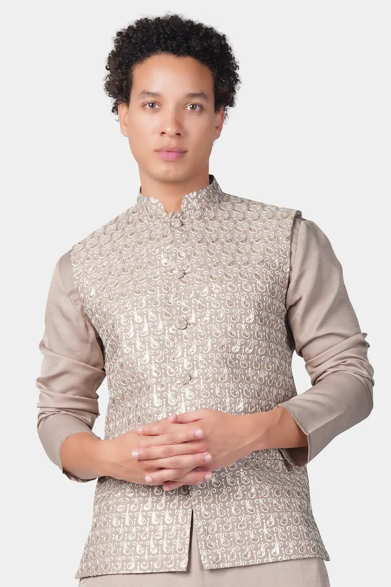 Foggy Brown Paisley Pattern Thread And Sequin Embroidered Designer Viscose Nehru Jacket 2