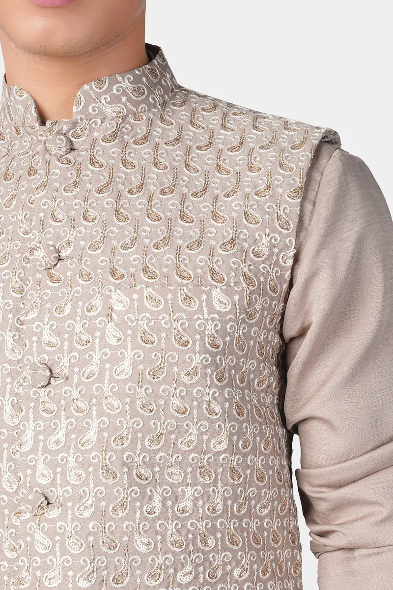 Foggy Brown Paisley Pattern Thread And Sequin Embroidered Designer Viscose Nehru Jacket 4