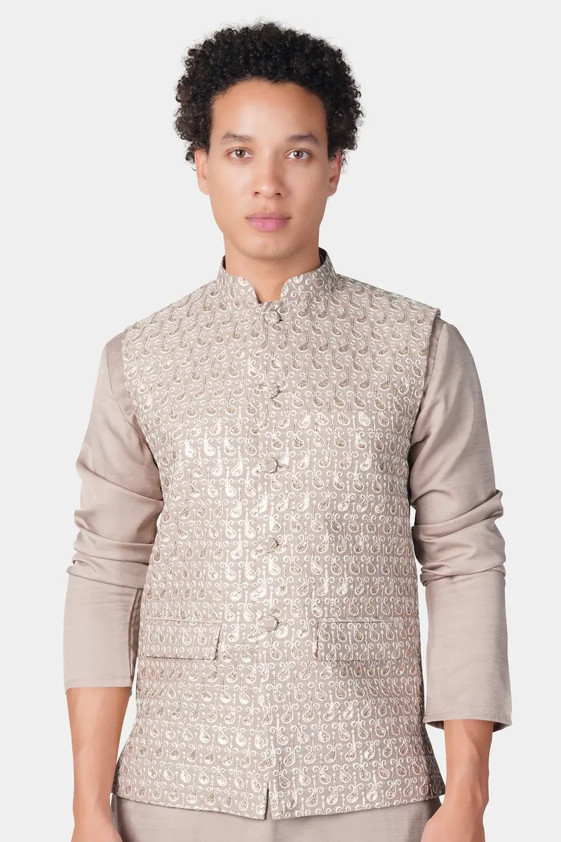 Foggy Brown Paisley Pattern Thread And Sequin Embroidered Designer Viscose Nehru Jacket 5