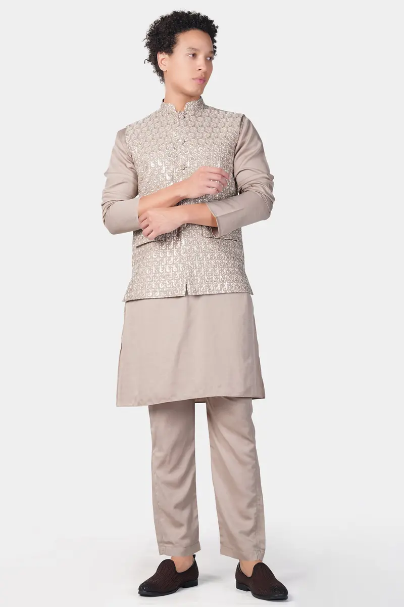 Foggy Brown Paisley Pattern Thread And Sequin Embroidered Designer Viscose Nehru Jacket 6