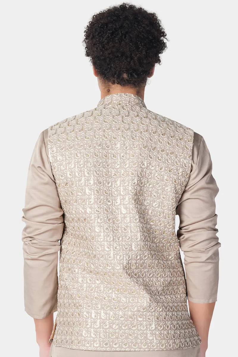 Foggy Brown Paisley Pattern Thread And Sequin Embroidered Designer Viscose Nehru Jacket 7