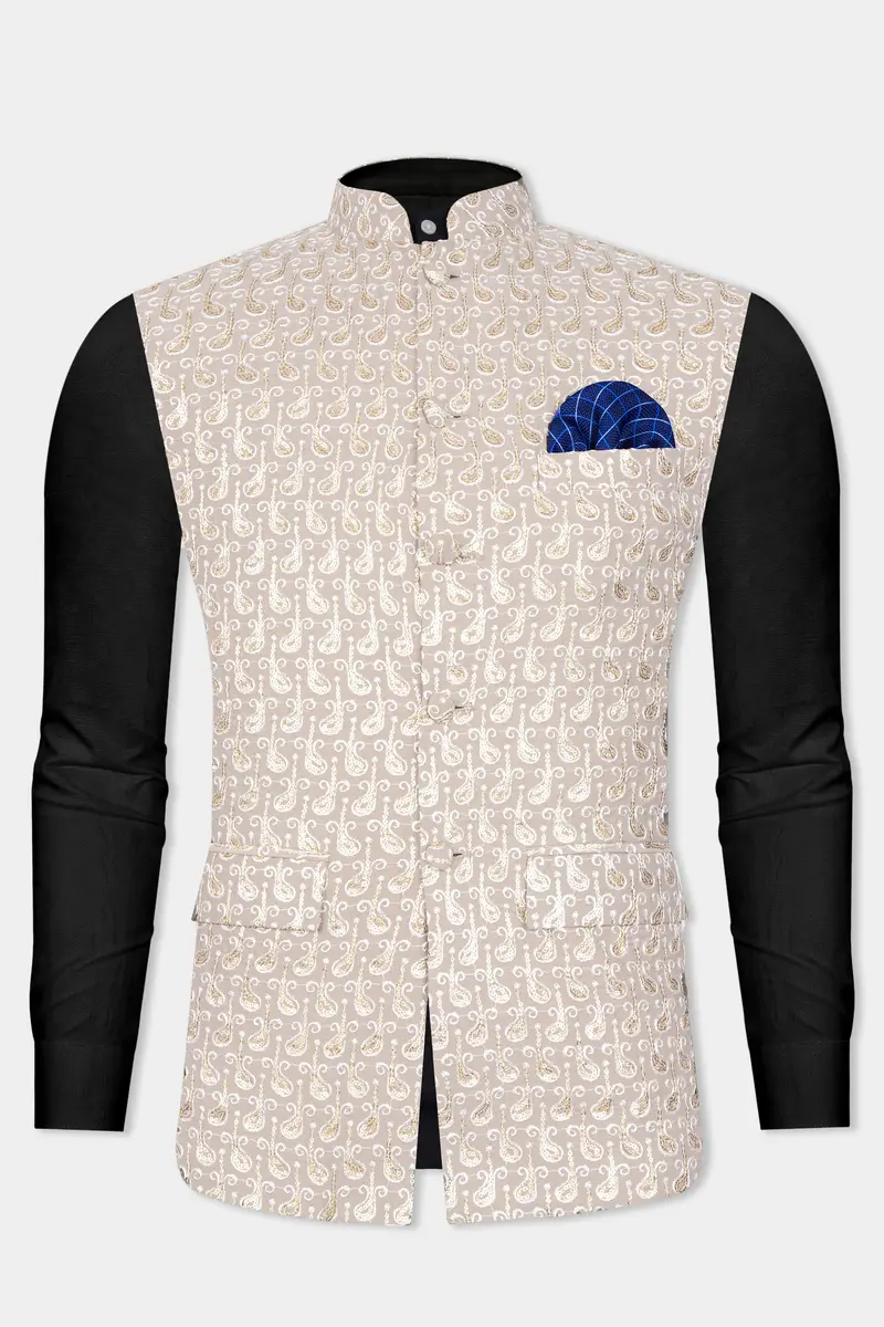 Foggy Brown Paisley Pattern Thread And Sequin Embroidered Designer Viscose Nehru Jacket 8
