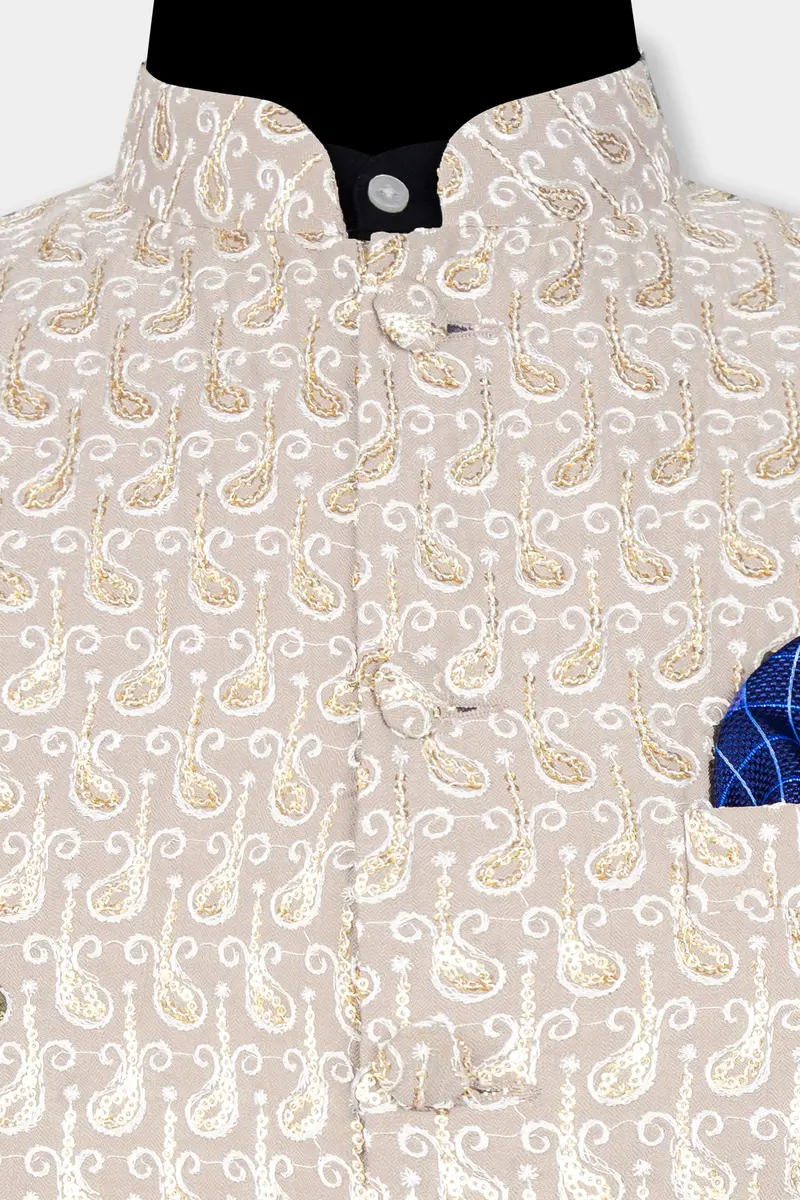 Foggy Brown Paisley Pattern Thread And Sequin Embroidered Designer Viscose Nehru Jacket 9