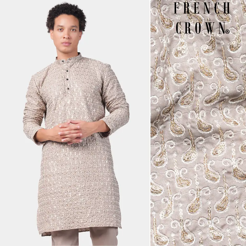 Foggy Brown Paisley Pattern Thread And Sequin Embroidered Subtle Sheen Viscose Designer Kurta 1