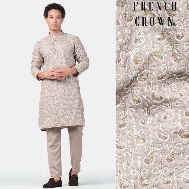 Foggy Brown Paisley Pattern Thread And Sequin Embroidered Subtle Sheen Viscose Designer Kurta Set 1