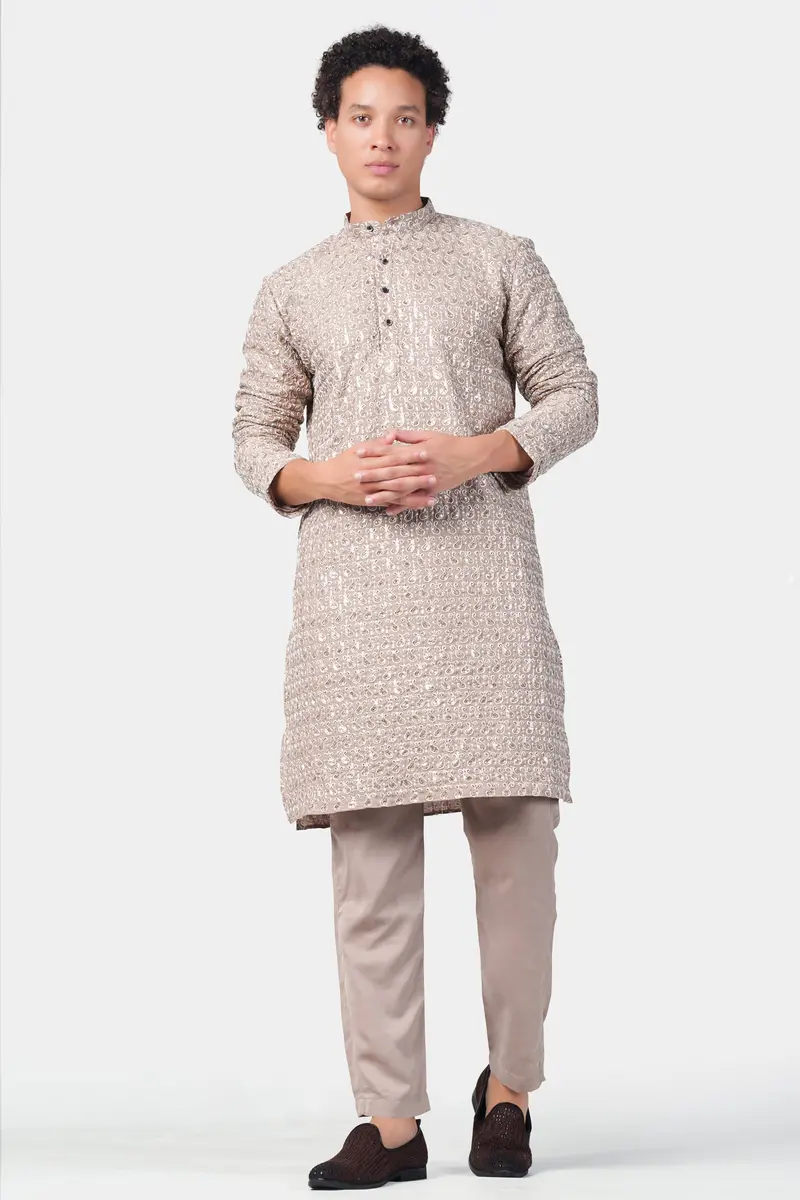 Foggy Brown Paisley Pattern Thread And Sequin Embroidered Subtle Sheen Viscose Designer Kurta Set 2