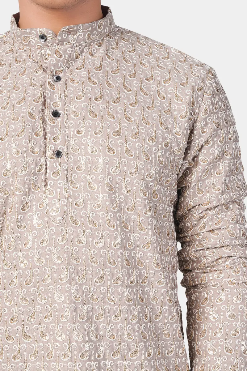 Foggy Brown Paisley Pattern Thread And Sequin Embroidered Subtle Sheen Viscose Designer Kurta Set 4