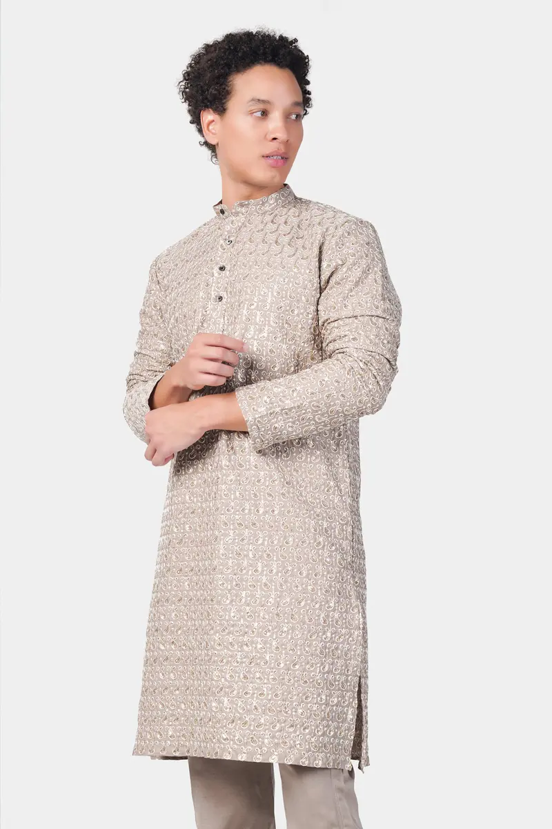 Foggy Brown Paisley Pattern Thread And Sequin Embroidered Subtle Sheen Viscose Designer Kurta Set 5