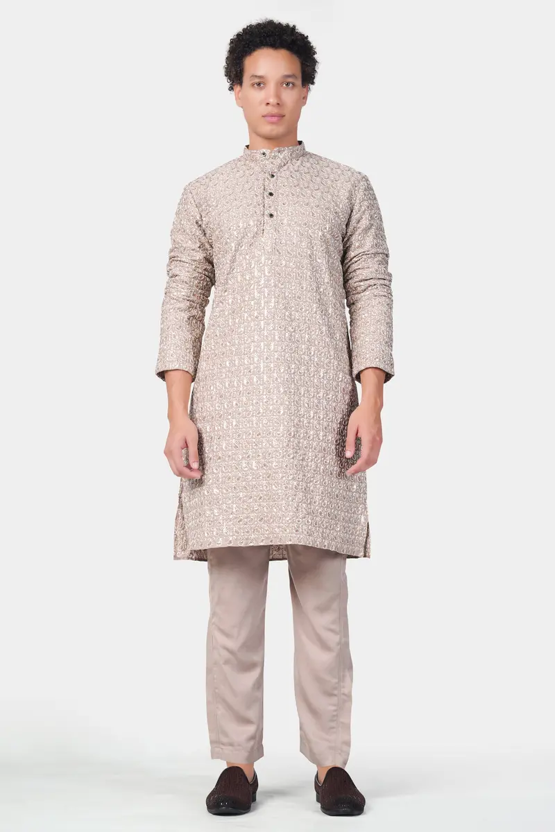 Foggy Brown Paisley Pattern Thread And Sequin Embroidered Subtle Sheen Viscose Designer Kurta Set 6