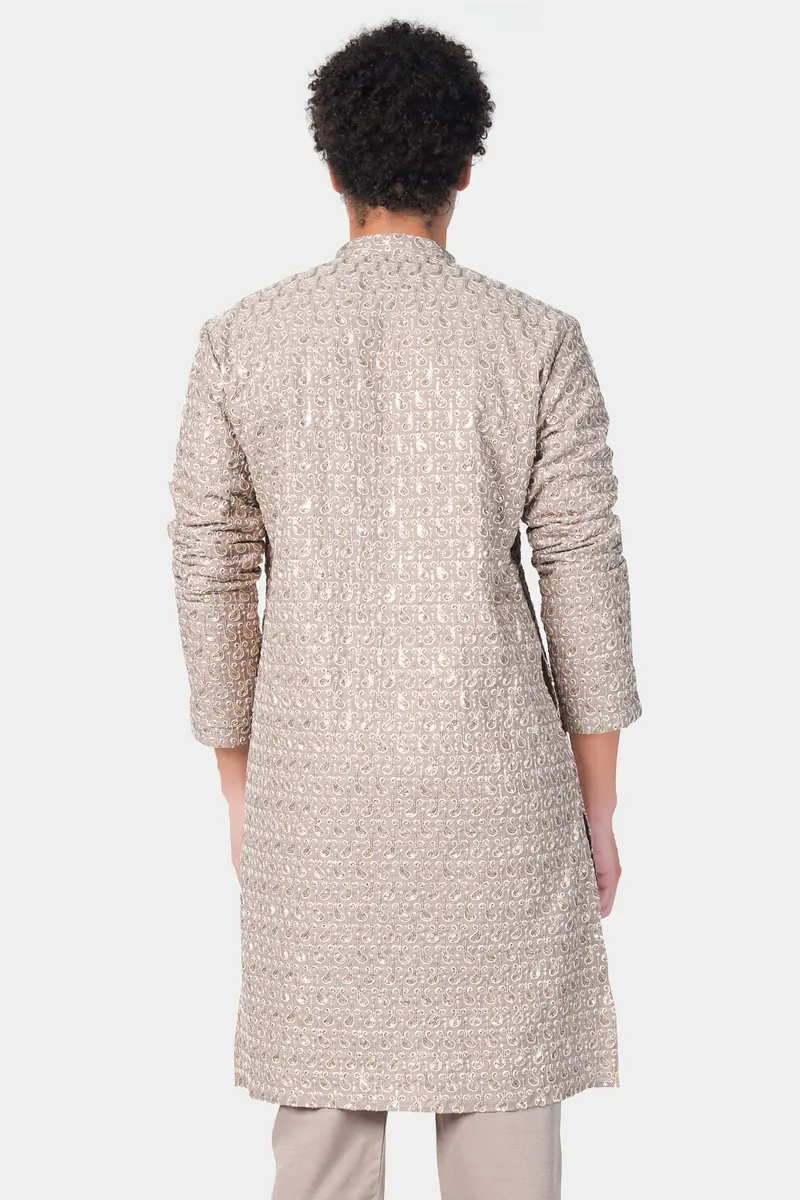 Foggy Brown Paisley Pattern Thread And Sequin Embroidered Subtle Sheen Viscose Designer Kurta Set 7