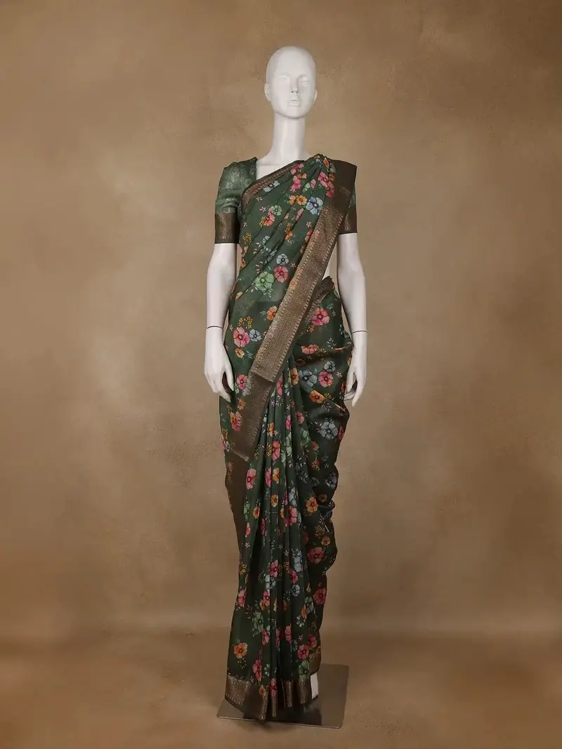 Forest Green Floral Design Tussar Silk Saree 1