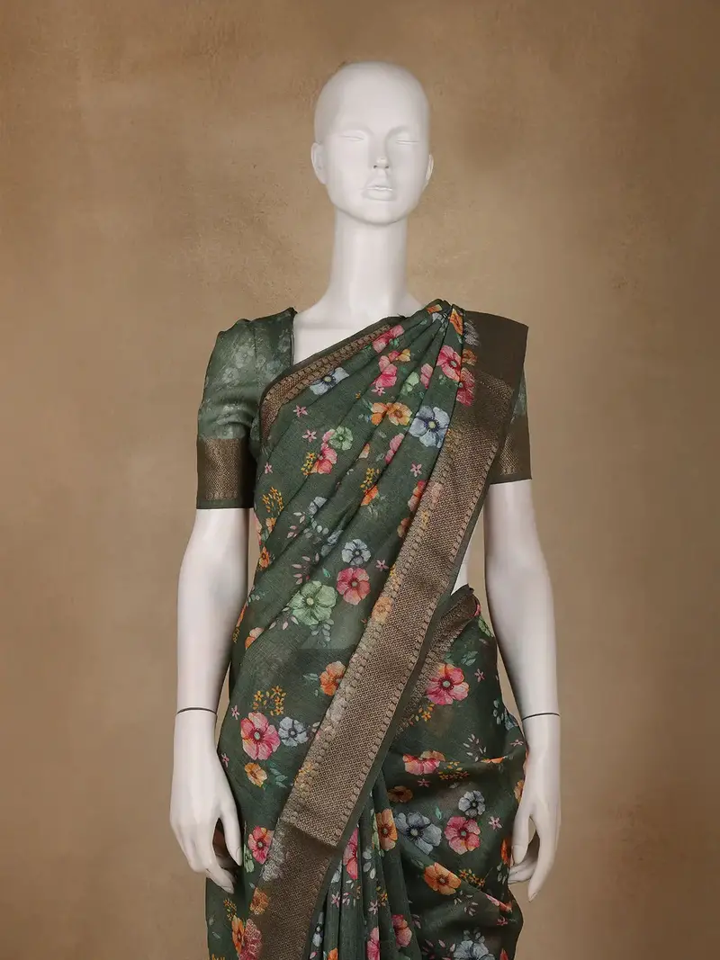 Forest Green Floral Design Tussar Silk Saree 2
