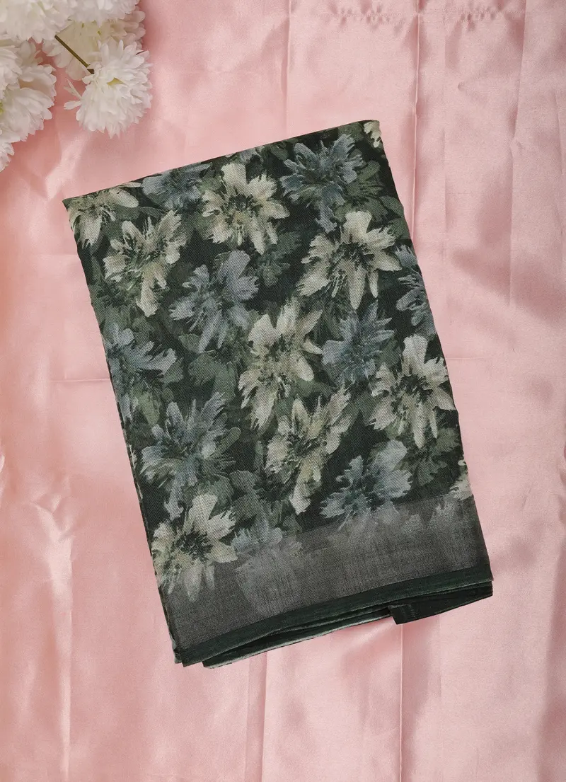 Forest Green Floral Printed Design Mixed Cotton Saree With Solid Border 1