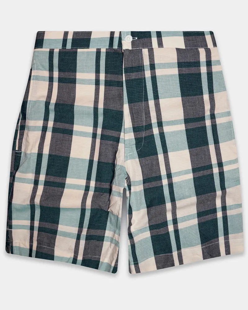 Fossil-Mortar Gray And Wafer Cream Plaid Dobby Textured Giza Cotton Shorts 1