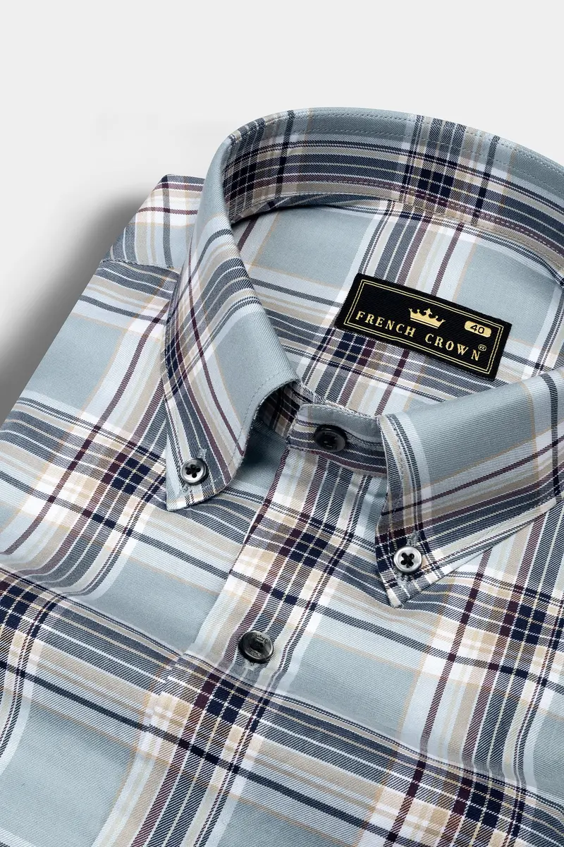 French Blue And Spring Cream Checked Twill Premium Cotton Shirt 1