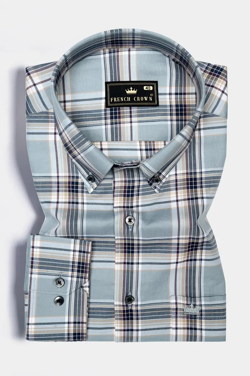French Blue And Spring Cream Checked Twill Premium Cotton Shirt 3