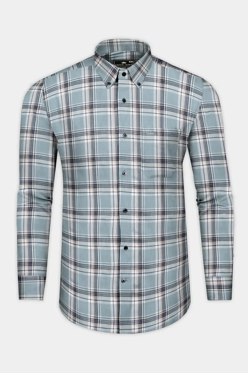 French Blue And Spring Cream Checked Twill Premium Cotton Shirt 4
