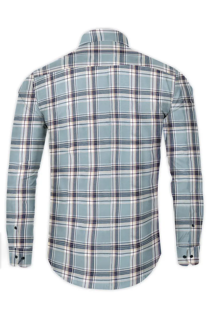 French Blue And Spring Cream Checked Twill Premium Cotton Shirt 5