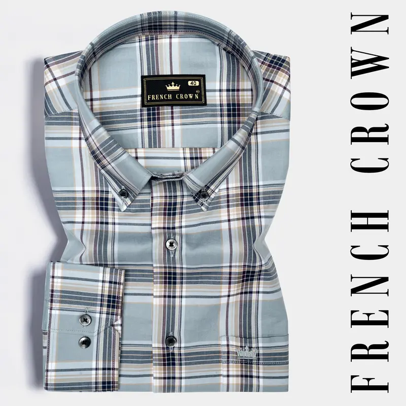 French Blue And Spring Cream Checked Twill Premium Cotton Shirt 6