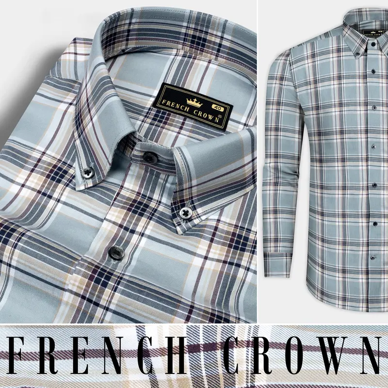 French Blue And Spring Cream Checked Twill Premium Cotton Shirt 9