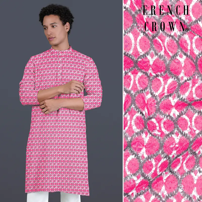 French Rose Pink And Bright White Designer Embroidered Kurta 1