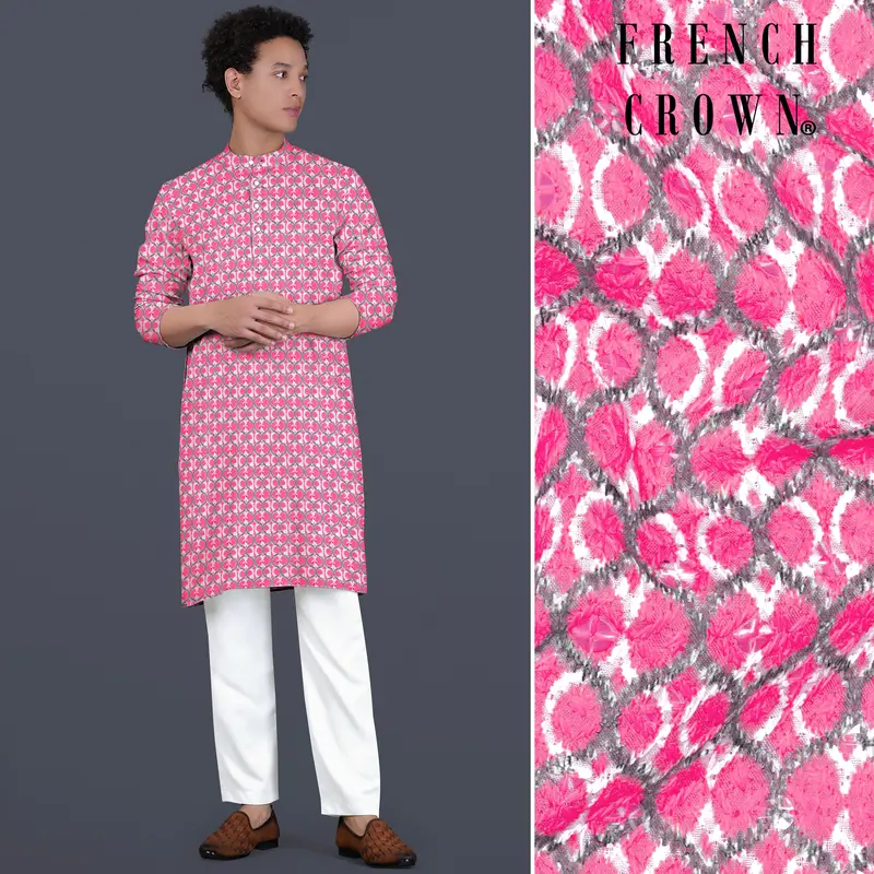 French Rose Pink And Bright White Designer Embroidered Kurta Set 1
