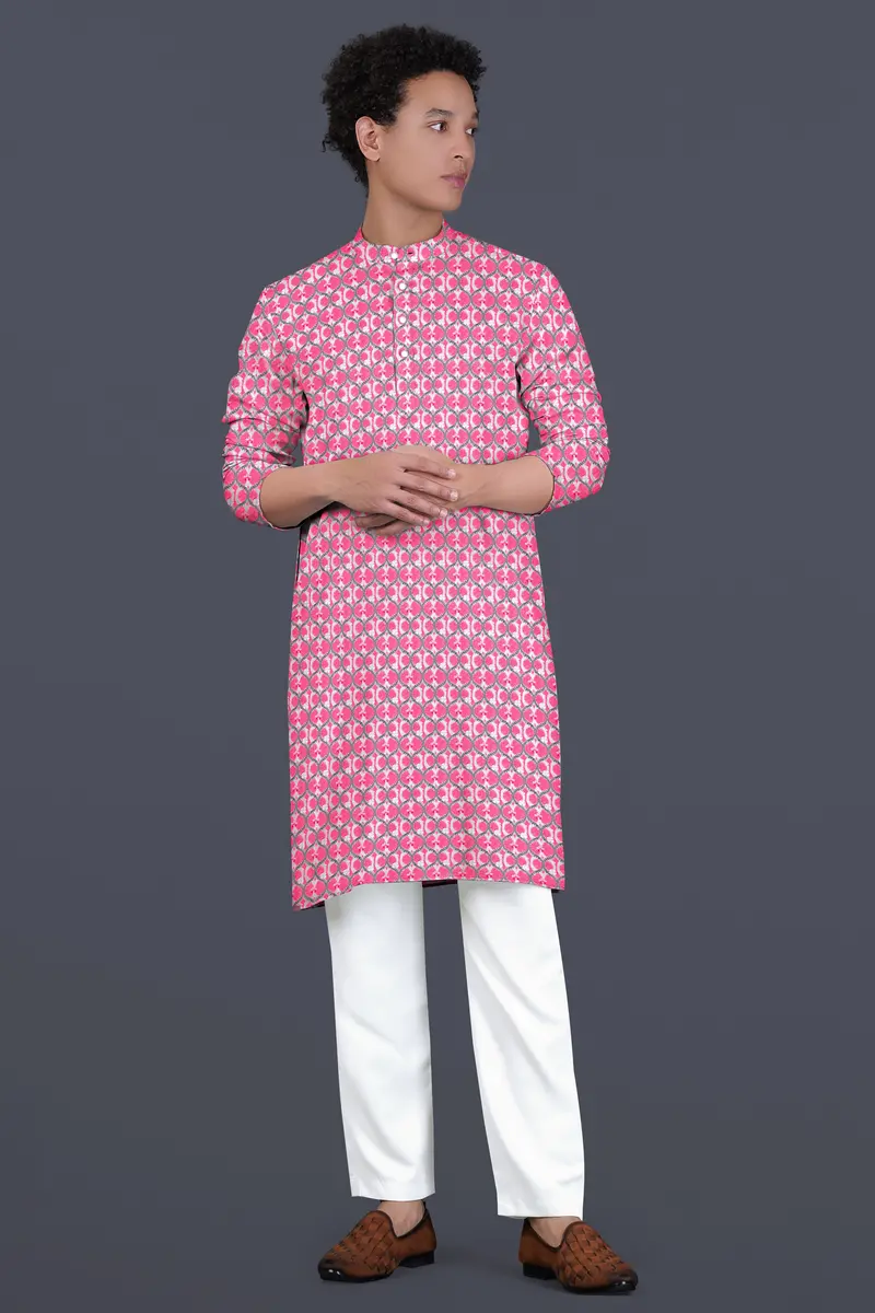 French Rose Pink And Bright White Designer Embroidered Kurta Set 2
