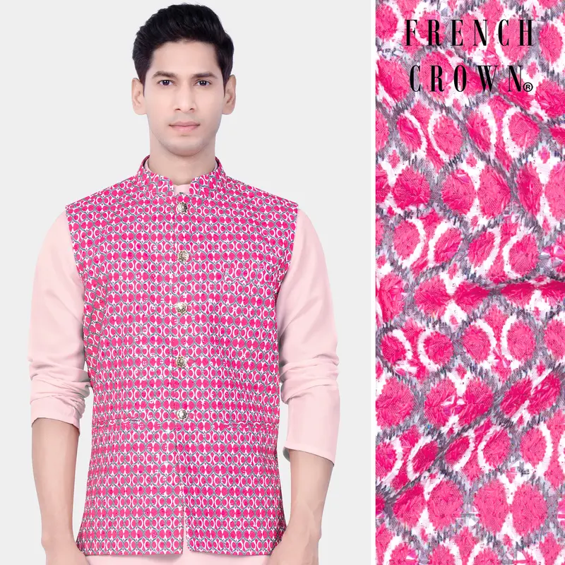 French Rose Pink And Bright White Designer Embroidered Nehru Jacket 1